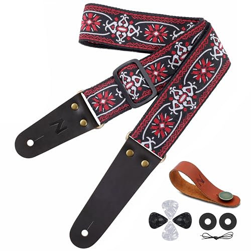 Nefelibata Gitarrengurt, bestickte Baumwoll-Gitarrengurte mit Lederenden aus Rindsleder für Bass-, E- und Akustikgitarren, inklusive Gurthalter, 2 Gurtverriegelungen und 4 Plektren