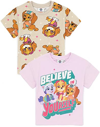 Paw Patrol Girls T-Shirt | Pack of 2 Kids Multicoloured Rescue Pups Graphic Tee | Short Sleeve Multi-Pack Set | Liberty, Skye & Everest Believe in Yourself Top | Merchandise Gift Bundle for Children