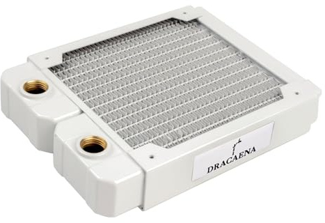 Dracaena.io 120mm Copper Water Cooling Radiator, 28mm, 2 G1/4 Ports, White | Copper & brass · 14 micro-channels · G1/4 · ITX/SFF loop · fits EK, Alphacool, Barrow, XSPC builds