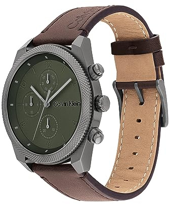 Calvin Klein Impact Herrenuhr, Leder, grünes Zifferblatt, Dunkelbraun, Grün, Armband