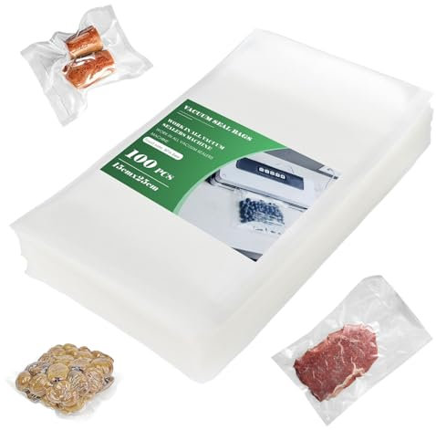 Fousenuk Vakuumierbeutel, 100 Beutel Vakuumbeutel Lebensmittel 15cmx25cm Premium, Folienbeutel für Jedes Folienschweißgerät Vakuumiergerät, Bpa-frei, Wiederverwendbar Sous Vide Gefrierbeutel Stark und