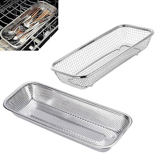 Dlmlemu 2 Pack Kitchen Drawer Organizer, 12 Inch Dishwasher Silverware Cutlery Basket, Mesh Stainless Steel Flatware Drawer Organizer, Countertop Utensil Cutlery Tray, Spoon Knife Fork Organizers Box