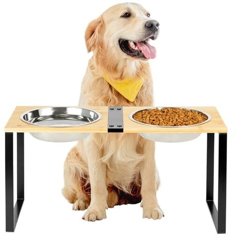 GUUSII HOME Porte Gamelle Chien Surélevée pour Grand Chien de Taille Moyenne Rehausseur Meuble Gamelle Gros Chiens avec 2 Bols en INOX Facile à Assembler Durable Support en Bambou (Couleur du Bois)