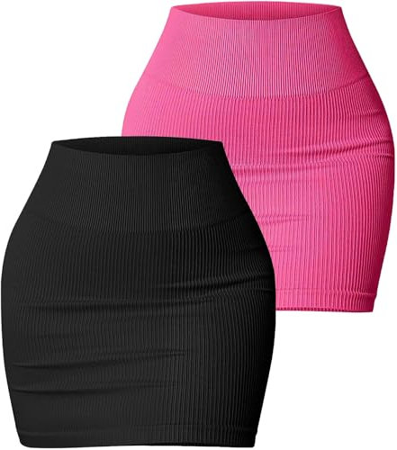 FEOYA Femmes Jupe Midi Taille Haute Crayon Moulante Courte Ligne A - Noir + Rose - Taille M