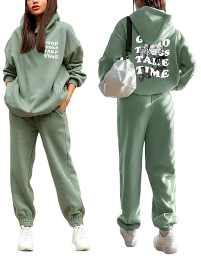 Tomwell Damen Hausanzug mit Kapuze 2 Teile Herbst Buchstaben Druck Langarm Trainingsanzug Winter Lose Jogginganzug Kapuzenpullover Jogginghose für Damen Yoga Gym K Grün L