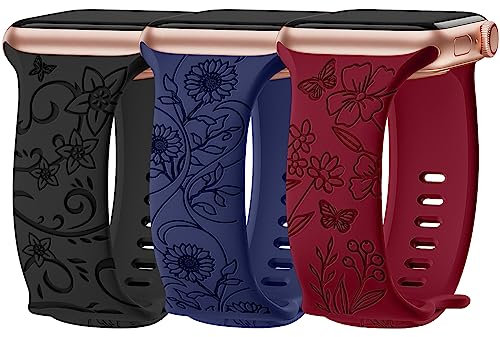 AMSKY 3 Pièces Floral Gravés Bracelets Compatibles avec Bracelet Apple Watch 40mm 46mm 41mm 44mm 45mm 38mm 42mm 49mm Femme, Bracelet Silicone Compatible avec iWatch Se Ultra Serie 10 9 8 7 6 5 4 3 2 1