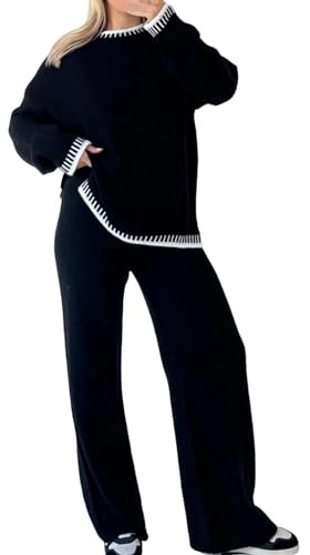 Damen Strickanzug Langarm Crop Shirt Strick Hosen Set Activewear Freizeit Outfit Winter Lounge Set Große Größen Gerippt Strick Zweiteiler Herbst Strickanzug für Herbst und Winter