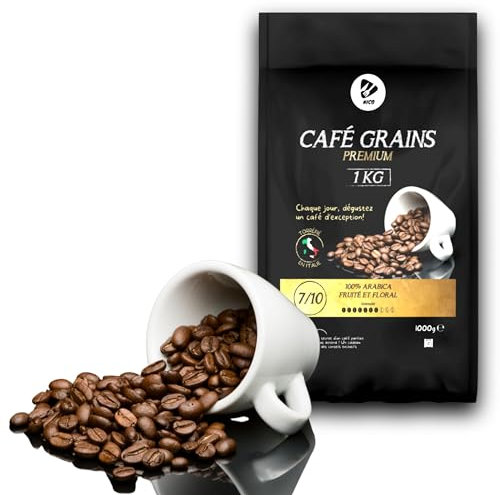 NICO - Café grain PREMIUM 100% Pur ARABICA | Médaille d'Or 2021 Dégustation Sélection Cafés du Monde | Paquet 1 KG | Intensité 7/10 | Grains Notes & Saveur Fruités et Florales Torréfaction Italienne