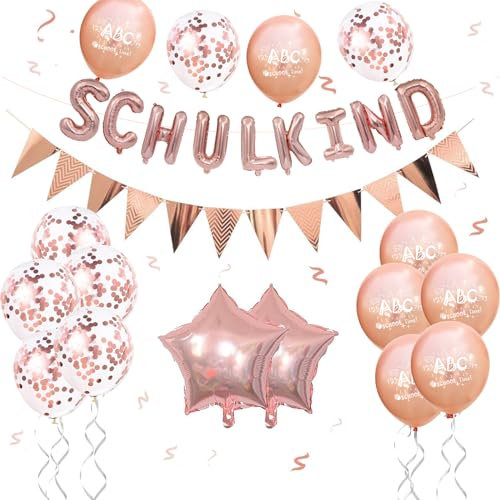 ALEGRE Einschulung Deko Luftballon Girlande Set,Deko Einschulung Junge Mädchen,ABC Zuckertüte Schultüte Jungen Dekoration, Schulanfang Deko,Luftballons Schulkind Rosegold, Schuleinführung Wimpelkette