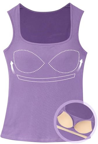 ANYFITTING Top mit Integriertem BH Damen Geripptes Tank Top Unterhemd BH Hemd Basic Trapezförmiger Kragen Shirt mit Integriertem BH Ärmellose Basic Tank Top für Frauen Wide Strap Yoga Violett M