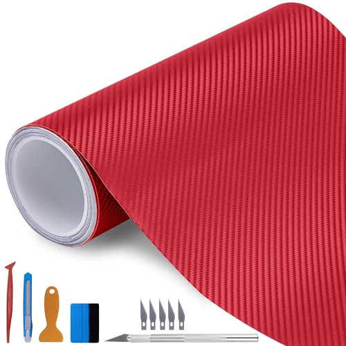 NewL Rouleau de film adhésif 3D 100 x 300 cm, en fibre de carbone rouge, avec soufflage d'air, sans bulles, avec outils d'installation