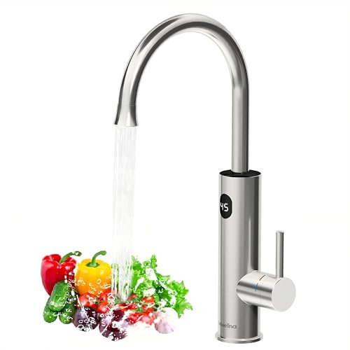 Briwellna Fast Heating Tap Water Heater, Stainless Electric Hot Water Tap with Digital Display, 360 Degree Rotate Cold and Universal Nozzle, Flexible and Convenient (Silver)