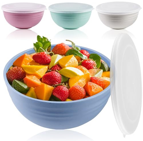 GOMETY 4 Stück Salatschüssel mit Deckel,Unbreakable Plastikschüssel,Rührschüssel aus Lebensmittelechte Kunststoff,Müslischalen Obstschale Suppenschüssel,Shüssel mit Deckel,Leicht & Bruchsicher