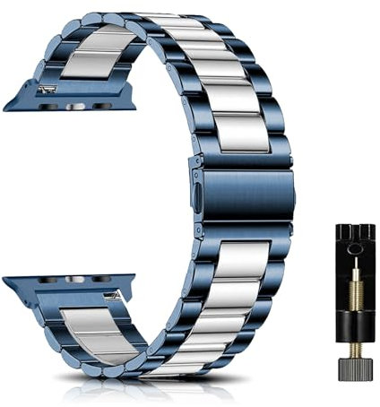SeNool Correa para Apple Watch 49mm 46mm 45mm 44mm 42mm Series 10/Series 9/8/7/6/5/4/3/2/1/Ultra 2, Hombres y Mujeres Acero Inoxidable Metal Pulsera Banda Correa para Apple iWatch/SE/SE 2-Azul/Plata