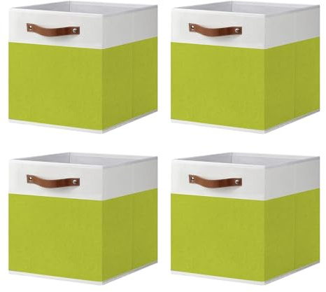 ArcaGuru Storage Cube Bins, Foldable Fabric Organizer Bins Storage Cubes Baskets Box Drawers for Shelves, Closet, Wardrobe, Bookshelf, 33 x 33 x 33cm, 4 Pack, White/Green