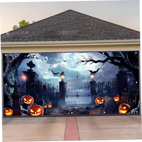 Bannière de Porte de Garage d'Halloween - Grande Décoration Suspendue 13x6 Pieds - Toile de Fond d'Horreur pour Halloween - Style 1