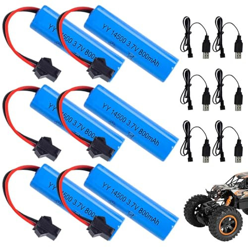 HIULLEN Batteria Agli ioni di Litio 3.7V 800 mAh 14500, 6PCS Ricaricabile 800mAh Batterie al Litio Lon, RC Batteria al litio con 2 caricatori USB SM-2P Plug per Auto RC Carri Passeggini Barche Robot