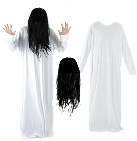 2-teiliges Damen-Geisterkostüm-Set, weißes viktorianisches Nachthemd, langärmeliges Retro-Kleid, schwarze lange gerade Perücke, Horror-Halloween-Cosplay, weiß
