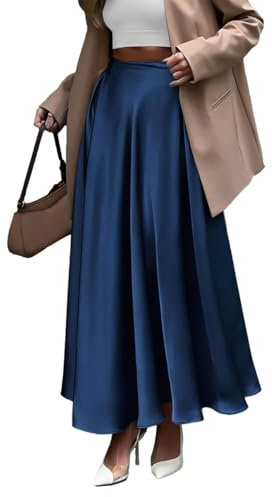 EMOTTOS Gonna Lunga Satin, A Vita Alta in Raso Elasticizzato, Gonna Lunga Casual in Raso Tinta Unita per L'Estate, Le Vacanze E L'uso Quotidiano, Blu L