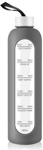 1 Liter Glass Water Bottle with Stainless Steel Lid - 1000ml Sports Drinking Bottle with Time Marker, Reusable Shatterproof Silicone Case Bottle for Fitness Gym Outdoor Travel Workout (Gray)