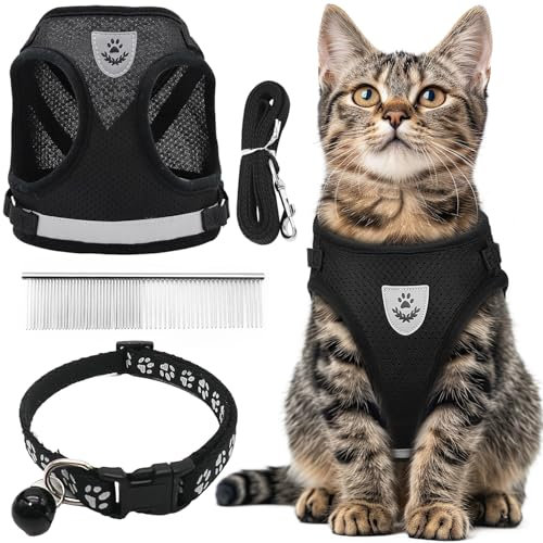 CUEMOON Katzengeschirr mit Leine Softgeschirr für Katze, Katzenleine mit Geschirr für Katzen Verstellbar Katzen Geschirr Set Cat Harness Softgeschirr für Katze (Schwarz, M)