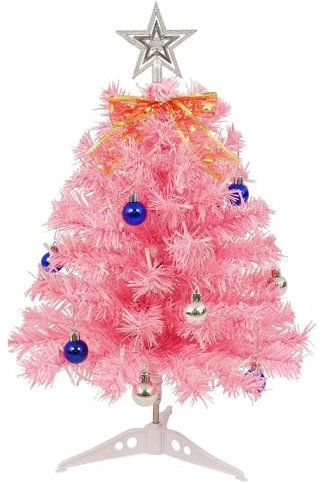 Uten Arbol de Navidad, 55 cm Mini Árbol de Navidad Rosa, con 30 Luces LED, Estrellas, Lazos y 15 Bolas Navideñas, para Oficina, Salón, Alféizar de Ventana, Escritorio Decoración Navideña