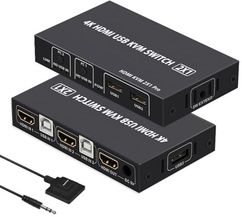 HDMI KVM Switch 2 PC 1 Monitor Support 4K@60Hz HDMI USB KVM Switcher for Share 2 computers 1 Monitor and 3 USB devices such as Keyboard Mouse Printer