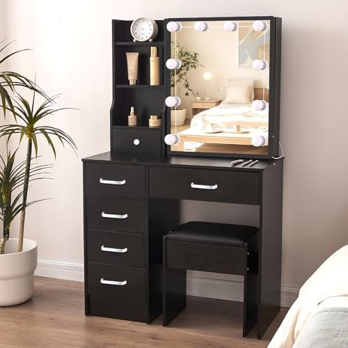 Ereousa Postazione Trucco con Sgabello e Specchio, Toilette Trucco con Luci, Luminosità regolabile, Toletta da Trucco con 6 Cassetti, 6 Ripiani, Nero 36x80x131cm, H010629
