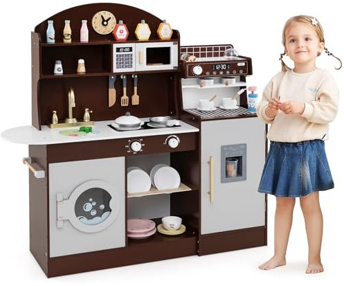 COSTWAY Kids Wooden Kitchen, Pretend Play Kitchen with Sink, Microwave, Washing Machine, Ice & Coffee Makers, Accessories, Children Cooking Role Playset for 3+ Years Old Boys Girls (Brown)