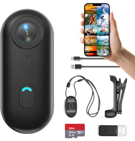 FOUKWAKC H7 64 GB 1080P Daumen-Action-Kamera, Mini-Body-Kameras, tragbare Taschen-Vlogging-Kamera mit Magnetschnur, kleine tragbare Camcorder-Helmkamera für Arbeit, Radfahren, Reisen