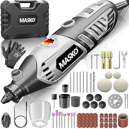 MASKO® Utensile rotante multifunzione 200 W, velocità variabile 10.000 – 40.000 giri/min, con albero flessibile, mandrino a sgancio rapido, valigetta per il trasporto, set di accessori per foratura
