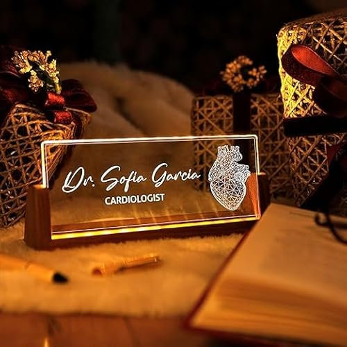 Personalized LED Desk Name Plate for Cardiologist – Custom Heart Design Office Sign with Light-Up Acrylic and Wooden Base – Engraved Medical Doctor Name Sign – Unique Clinic Decor