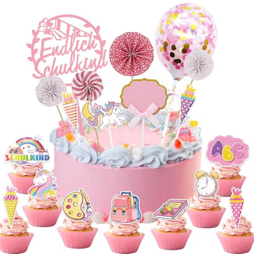 Tortendeko Einschulung Deko Mädchen 2025-19Stk Einhorn Endlich Schulkind Kuchendeko Schulanfang Cupcake Einschulung Cake Topper Muffins Kuchen Deko für Schuleinführung Deko Einschulungsfeier Geschenk