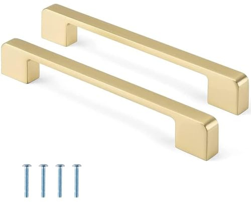 MnuCyiPiu 2 PCS Gold Cabinet Handles 128mm Cabinet Pulls Hardware Brass Drawer Handles Square Wardrobe Pull for Bathroom Kitchen Furniture Cupboard Door (Hole Centers: 128mm)