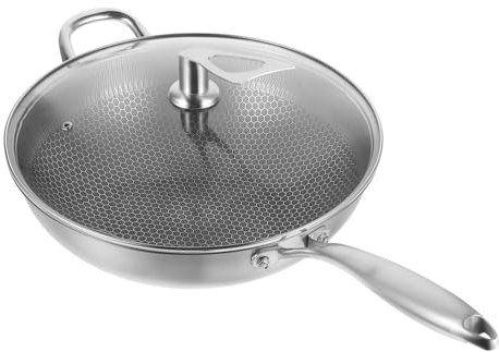 KICHOUSE Edelstahl Wok Mit Deckel Antihaftbeschichtete Pfanne Geeignet Für Induktionsherde Und Gasherde Gleichmäßige Wärmeverteilung Vielseitig Einsetzbar Der Küche