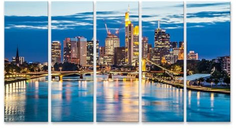 islandburner Bild auf Leinwand Frankfurt am Abend mit beleuchteter Skyline und Flussufer Bilder Wandbilder Poster