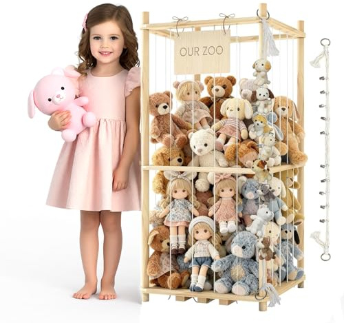 JINDUN Kuscheltier Aufbewahrung Aus Holz, 95cm Höhe Aufbewahrung Kuscheltiere, mit Stofftier AufbewahrungHängend, für Kinderzimmer/Wohnzimmer