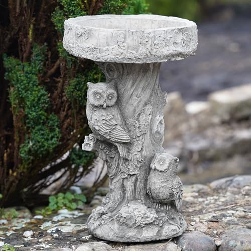 Owl Stone Bird Bath Garden Statue | Reconstituted Stone Birdbath & Owl Sculpture | Frost-Proof Weatherproof Outdoor Ornament | Wildlife Garden Feature | Antique Finish | 40cm H | 12kg