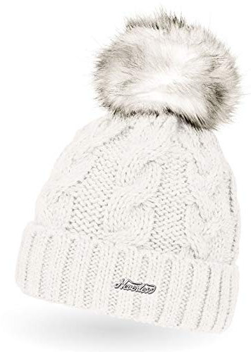 Neverless Damen Strick-Mütze gefüttert mit Fell-Bommel, Kunstfell, Winter-Mütze, Bommelmütze, Creme Unisize