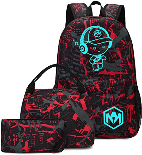 Bluboon Schulrucksack für Jungen, Teenager, Büchertasche, Reise-Tagesrucksack, Kinder, Mädchen, Lunch-Tasche, Federmäppchen, Graffiti Rot, Lockere Passform