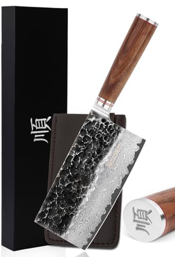 YOUSUNLONG Mannaia per carne - Mannaia per verdure da 175 mm in acciaio damasco martellato giapponese - Manico in legno di noce naturale con fodero in pelle