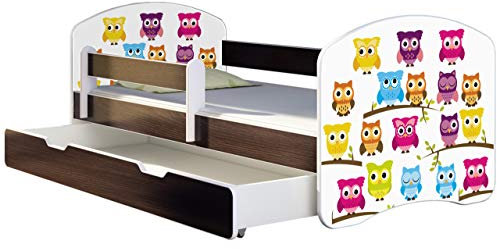 ACMA Kinderbett Jugendbett mit Einer Schublade und Matratze Wenge mit Rausfallschutz Lattenrost II 140x70 160x80 180x80 (31 Eule, 140x70 + Bettkasten)