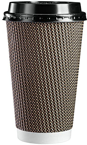 Comfy Package Gusto [16 oz. - 475 ml - 50 Sets] Insulated Brown Patterned Ripple Paper Hot Coffee Cups with Lids (Lids Color May Vary) - Ideal for Hot Beverages, Travel, and Office Use - Formerly