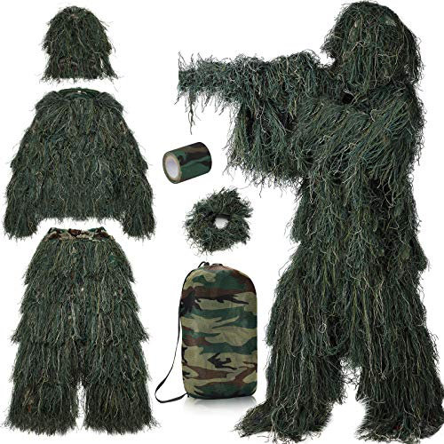 PELLOR Ghillie Suit Tenue Camouflage 3D avec Ruban Camouflage Auto Adhesif Filet Combinaison pour Chasse Affût Photographie Costume Veste Pantalon (Vert Fonce)