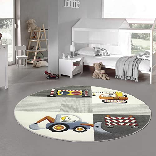 Teppich-Traum Kinderzimmer Teppich Spielteppich Baustelle Kran Bagger Straßenschilder grau Creme gelb, Größe 160 cm rund