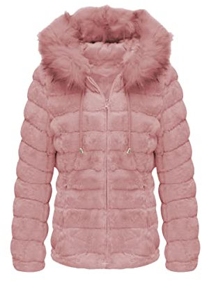 BELLIVERA Piumino Donna Reversibile in Ecopelliccia Invernale con Cappuccio Corto Giacca e Collo in Pelliccia 19225 Rosa XXL