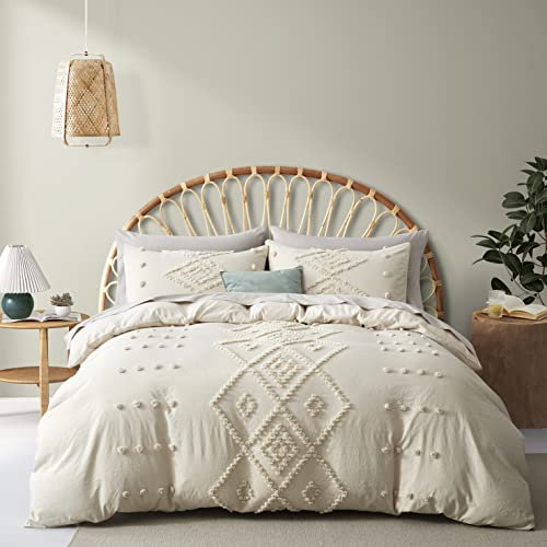 Oli Anderson Juego de Funda de edredón tamaño Queen, Suave y Ligero para Todas Las Estaciones, Juego de Ropa de Cama de 3 Piezas Bordado Bohemio Shabby Chic (Beige, Queen, 90 x 90 Pulgadas)