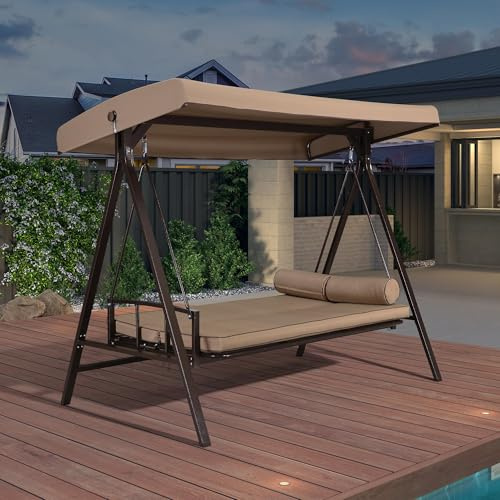 PURPLE LEAF Balancelle de Jardin 3 Places Convertible en Lit Acier Kaki | Montage facile et rapide, Capacité de charge jusqu’à 350 kg, Confort optimal en position allongée, Inclus 5 coussins, Durable