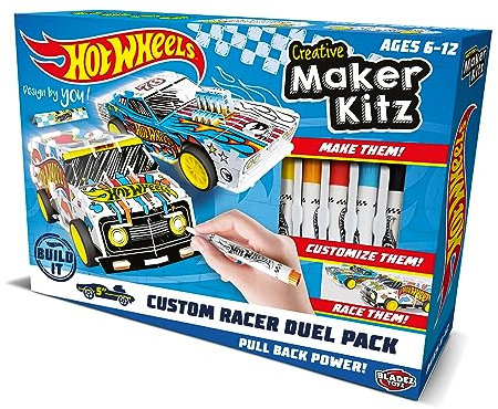 BLADEZ Hot Wheels Custom Racers, DIY Twin Pack, Make Your Own/Build Your Own, Pull Back Vehicles for kids, Customisable with pens and stickers, Creative Maker Kitz by Bladez Toyz