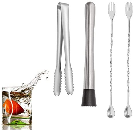 Belvanr Cóctel de Acero Inoxidable Cuchara 4 Piezas Cocktail Cucharilla de Bar,Muddler para Cócteles Bar,Muddler Conjunto de Cóctel,Mezclar Cuchara de Barra,con Pinzas de Acero Inoxidable para Hielos